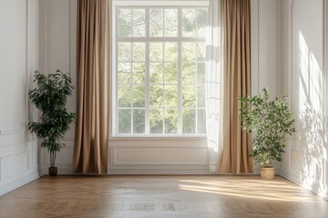 Sunlit room with large window, hardwood floor, and plants. (1)