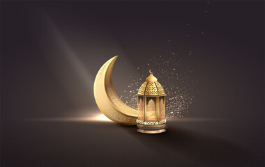 islamic greetings template design with golden crescent moon and lanterns