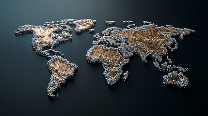 Global Network 3D Render of a World Map Composed of Metallic Spheres