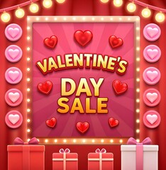 Bold Valentine’s Day sale banner with illuminated hearts, gifts, and vibrant red curtains. Designed for social media promotions, holiday events, and romantic sales campaigns.