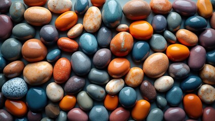Polished Stones in Varied Earthy Tones Arranged in a Close Up View