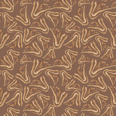 Animal print with organic shapes in coffee brown and caramel isolated on dark. Africa motifs seamless pattern hand drawn. Wild nature, exotic textures of watercolor brushstroke on repeat background.