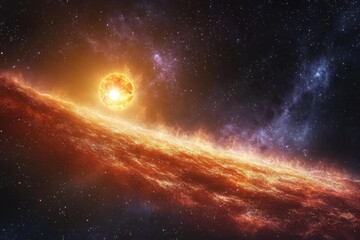 Fototapeta premium Fiery Planet Surface With A Bright Star In Space