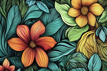 Vivid Tropical Flowers and Lush Green Leaves Design