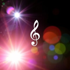 White treble clef with starburst and colorful lights