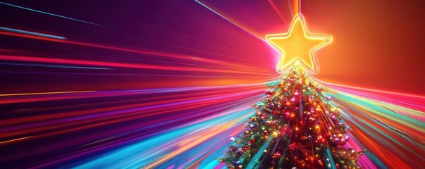 Christmas tree, neon lights, festive colors, holiday decorations, glowing star, vibrant background, modern design, digital art, celebration atmosphere