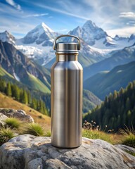 Stainless Steel Water Bottle on Rock in Alpine Landscape – Eco-Friendly Gear in Snow-Capped Mountain Scenery with Green Valleys and Blue Sky