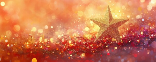 Christmas tree sparkling lights, golden star, festive bokeh background, joyful holiday atmosphere, blissful winter celebration, warm red tones, shimmery decorations, holiday magic