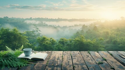 Serene workspace featuring open notebook, coffee, and fern on rustic table with scenic mountain view