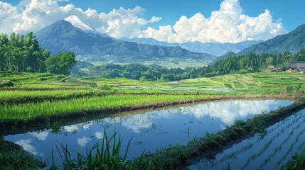 Serene Rice Terraces with Majestic Mountain View