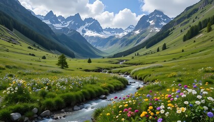 Obraz premium Serene Mountain Valley Wildflower Meadow Stream