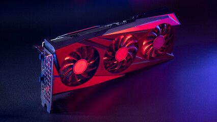 Modern video card for a powerful gaming computer on a dark background.