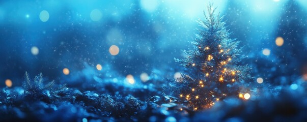 Christmas tree with glowing lights and festive bokeh background, ideal for holiday themes and winter celebrations in a dreamy blue ambiance filled with sparkling effects