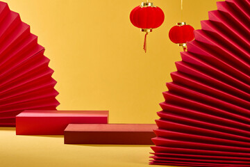 A traditional New Year-themed product advertisement. A frontal view of two empty red podiums with...