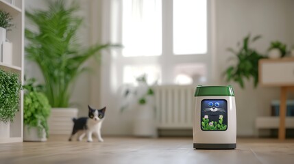 A playful cat explores its modern home, featuring plants and a stylish fish tank, showcasing the harmony of pets and decor.