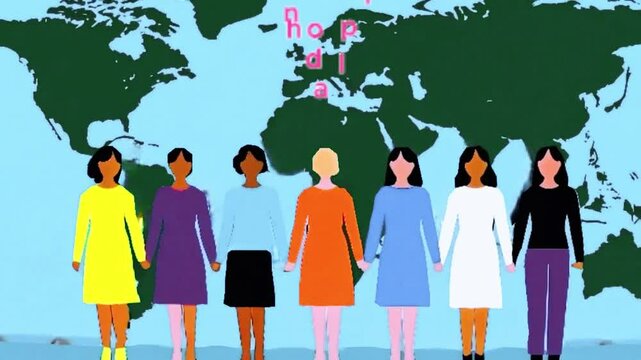 International women's day text a variety of female silhouettes standing sideways Strong and brave girls of different nationalities support each other Concept 4k video on world map