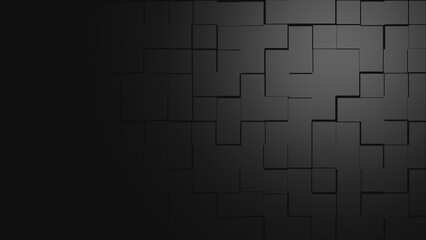 Modern black geometric textured background with interlocking square patterns and subtle shadow effects, creating a sense of depth and dimension. This sleek and minimalist abstract design