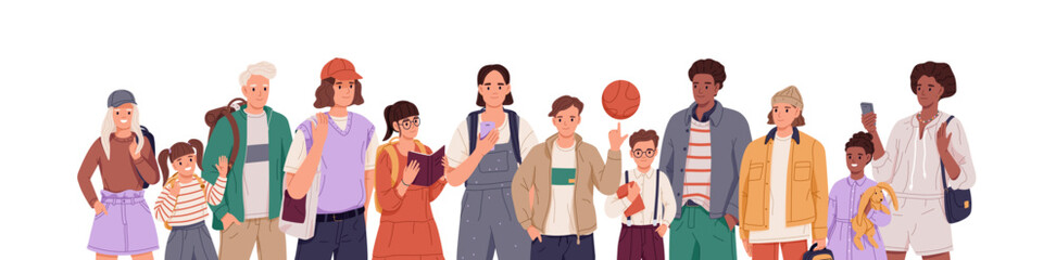Happy group of children stands together. School portrait of senior and junior pupils. Diverse girls and boys, different kids, students, teenagers. Flat isolated vector illustration on white background