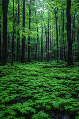 Fototapeta premium Lush Green Forest Floor Under Tall Trees