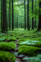 Obraz premium Lush green moss carpet in a dense forest