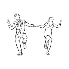 Couple in love dancing and having fun, hand drawn outline illustration. swing dance. vector
