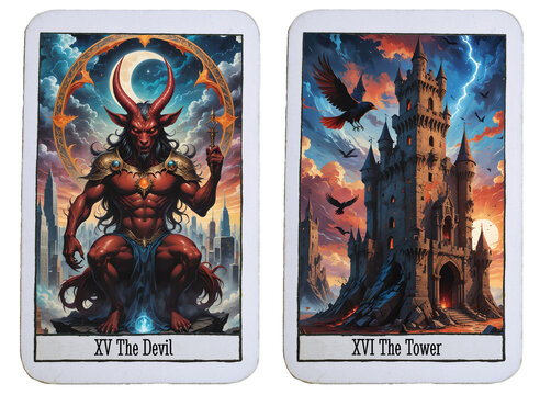 Two dark Tarot cards of the major arcana on transparent background. The devil (15) and the tower (16)