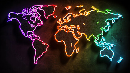 Naklejka premium Vibrant Rainbow Neon World Map Global Travel International Connectivity Illuminated Globe