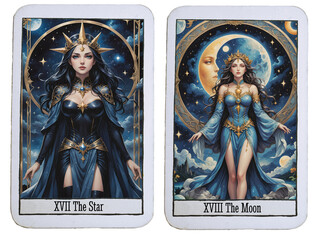 Two Tarot cards of the major arcana on transparent background. The star (17) and the moon (18)