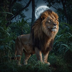 Fototapeta premium A lion in a serene jungle clearing bathed in moonlight.
