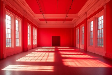 Sunlit red room interior with large windows and white trim.