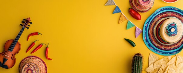 Cinco de Mayo party scene. Top view of essential elements: vibrant sombrero, vihuela, a cactus, a serape, flags on a string, chilli pepper, nachos, all on yellow backdrop, placeholder for message