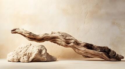 wood branch and stone in the beige surface and background