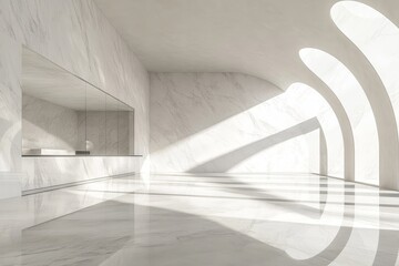 Obraz premium Sunlit modern white marble interior with arched windows and reflective floor.