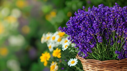 Fototapeta premium A vibrant bouquet of purple lavender and cheerful yellow daisies in a rustic basket, enhancing any garden environment.