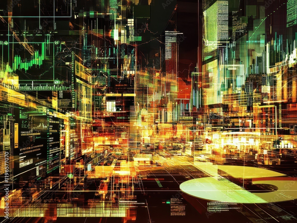 Poster abstract digital cityscape: a symphony of data and code in a futuristic metropolis