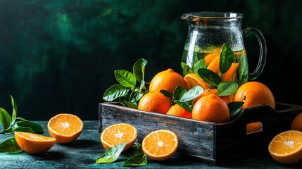 Vibrant oranges and fresh leaves displayed in a rustic wooden tray, alongside a glass pitcher filled with refreshing citrus drink.