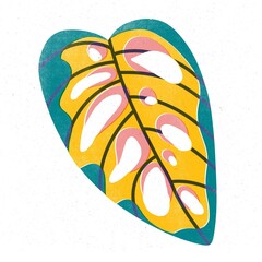 Trendy risograph print with texture style. Set of hand-drawn leafs. Graphic drawing of colorful leaves on white background. Illustration of leaf.