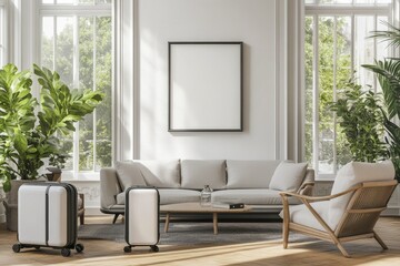 Modern living room interior with suitcases, plants, and large windows.