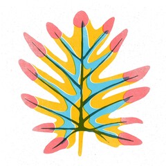 Trendy risograph print with texture style. Set of hand-drawn leafs. Graphic drawing of colorful leaves on white background. Illustration of leaf.