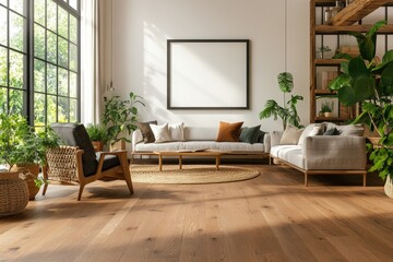 Modern living room with large windows, plants, and a beige sofa.
