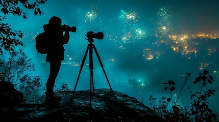 Fototapeta premium Silhouette of a female photographer capturing fireworks in a foggy night landscape.
