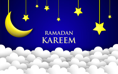 Ramadan Kareem Horizontal Banner with Golden Moon, 3d Paper cut Clouds and Stars on Background. Vector illustration.