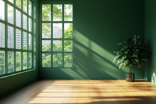 Sunlit green room with large window, hardwood floor, and potted plant. (1)