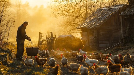 Farmer feeding chickens in a sunlit rural yard next to a rustic wooden barn. Warm golden light and free-range hens capture the peaceful, sustainable lifestyle of traditional countryside farming.
