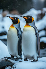 Obraz premium Two King Penguins Stand Together In Snowy Weather