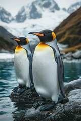 Fototapeta premium Two King Penguins Resting on Rocks Near Water
