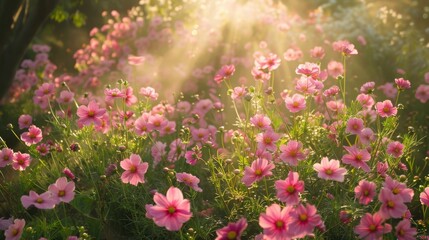 Fototapeta premium Colorful cosmos flowers blooming in garden with blue summer sky