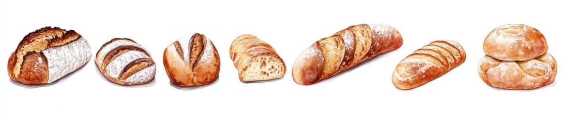 Assorted artisan loaves of bread, including sourdough, baguettes, and rolls, isolated on white.