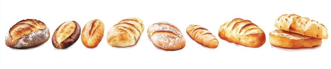 Assortment of fresh baked bread loaves and rolls isolated on white.