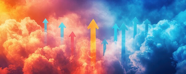 Obraz premium colorful arrows rising through vibrant clouds in blue and orange hues, depicting growth and progress in a visually striking way for inspirational concepts